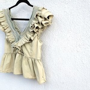 Mare Mare by Anthropologie Yellow/Cream Ruffled Blouse